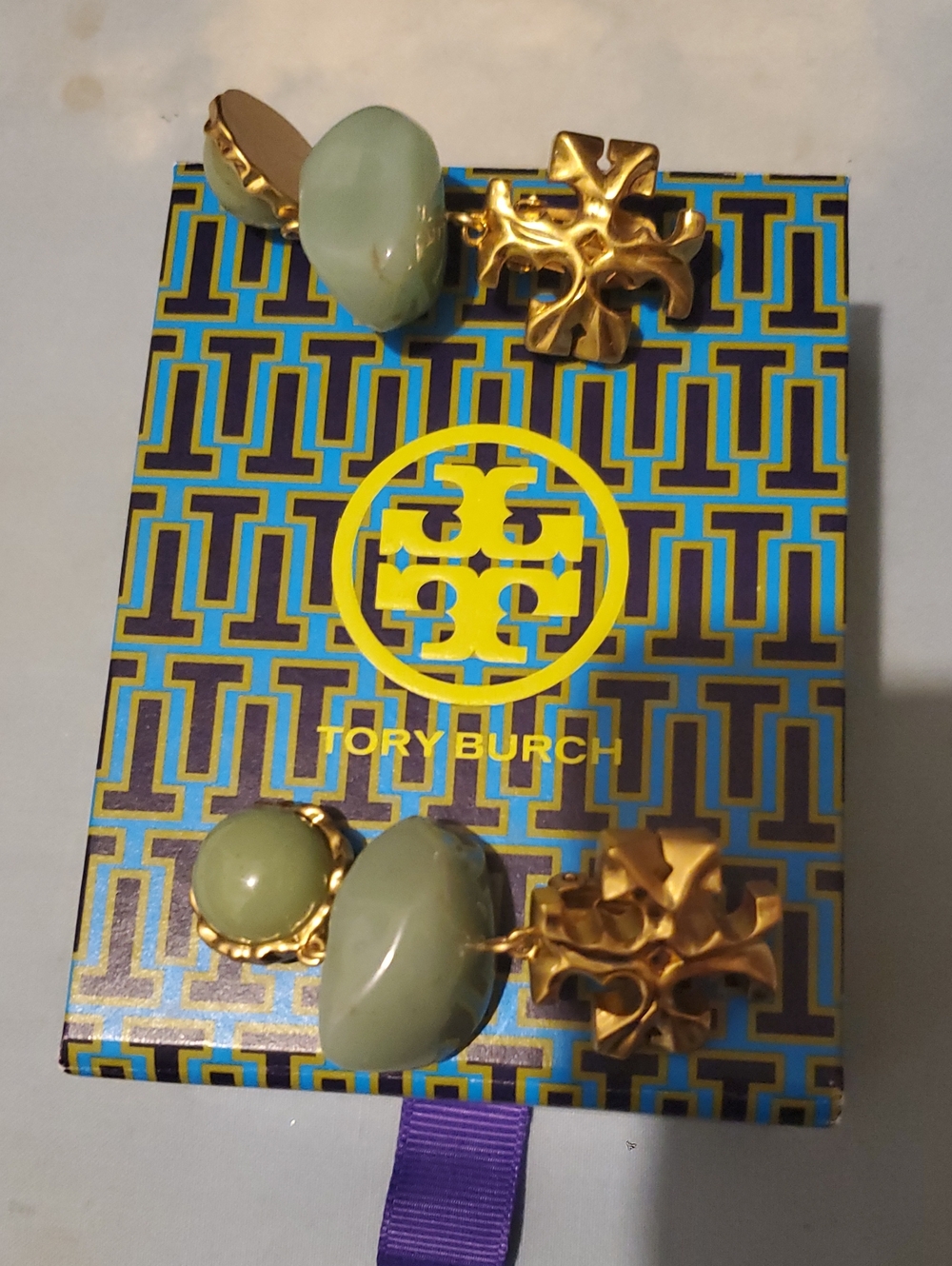 Tory Burch Gold-Tone Earrings with Pale Green Stones